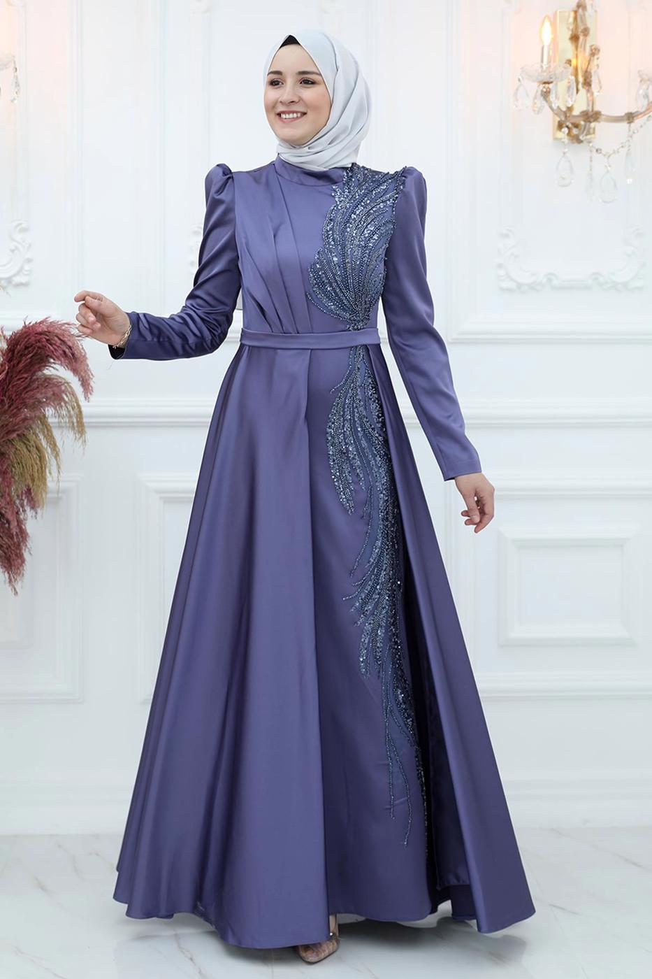 Tesettür giyim LACİVERT PUL PAYET İŞLEMELİ ABİYE ELBİSE T 9453
