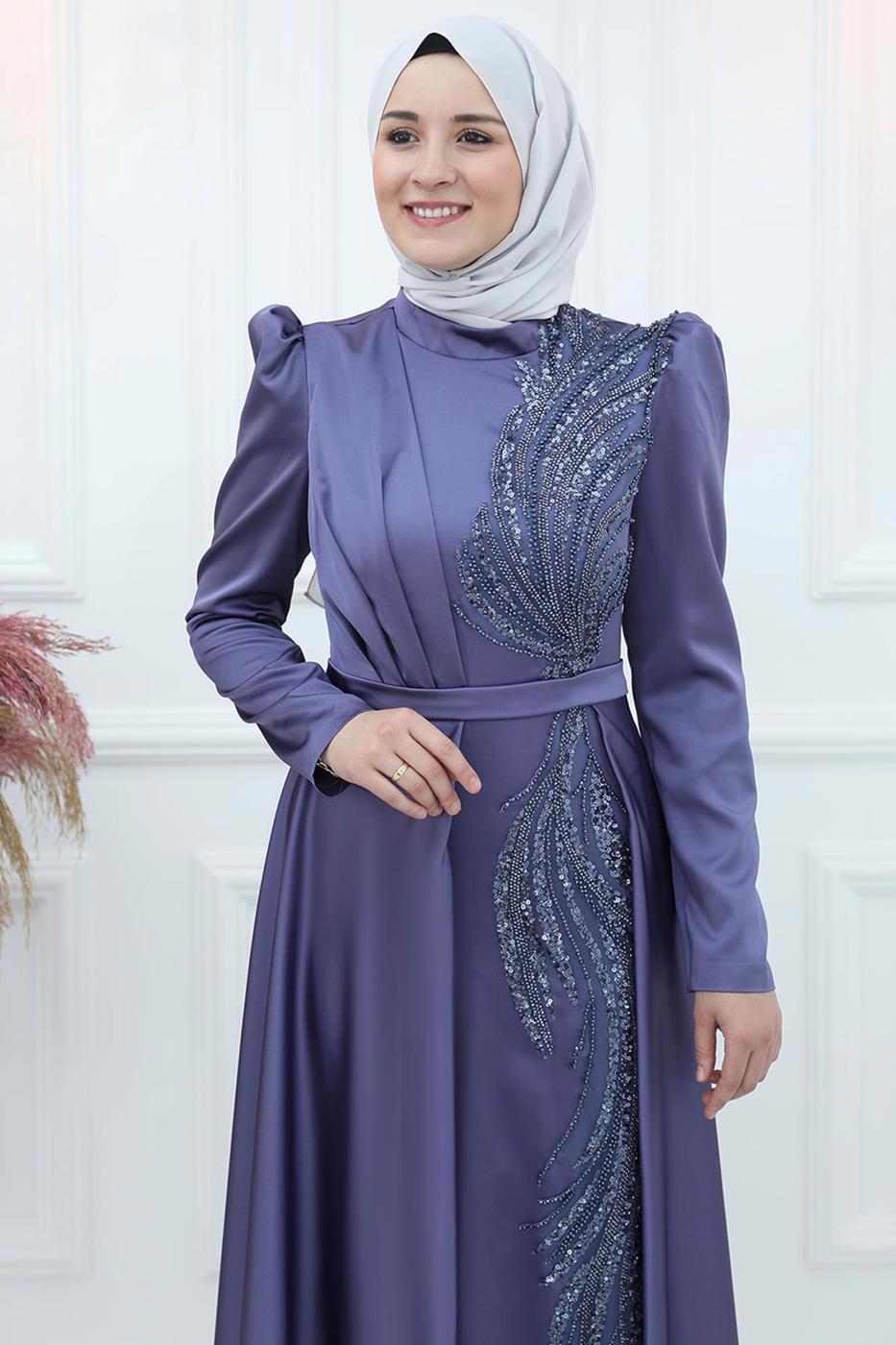 Tesettür giyim LACİVERT PUL PAYET İŞLEMELİ ABİYE ELBİSE T 9453