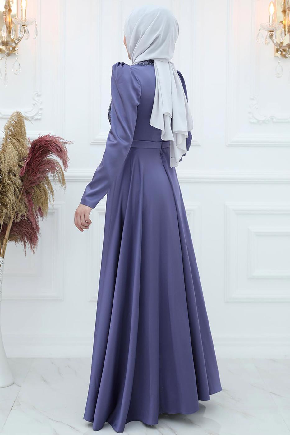 Tesettür giyim LACİVERT PUL PAYET İŞLEMELİ ABİYE ELBİSE T 9453