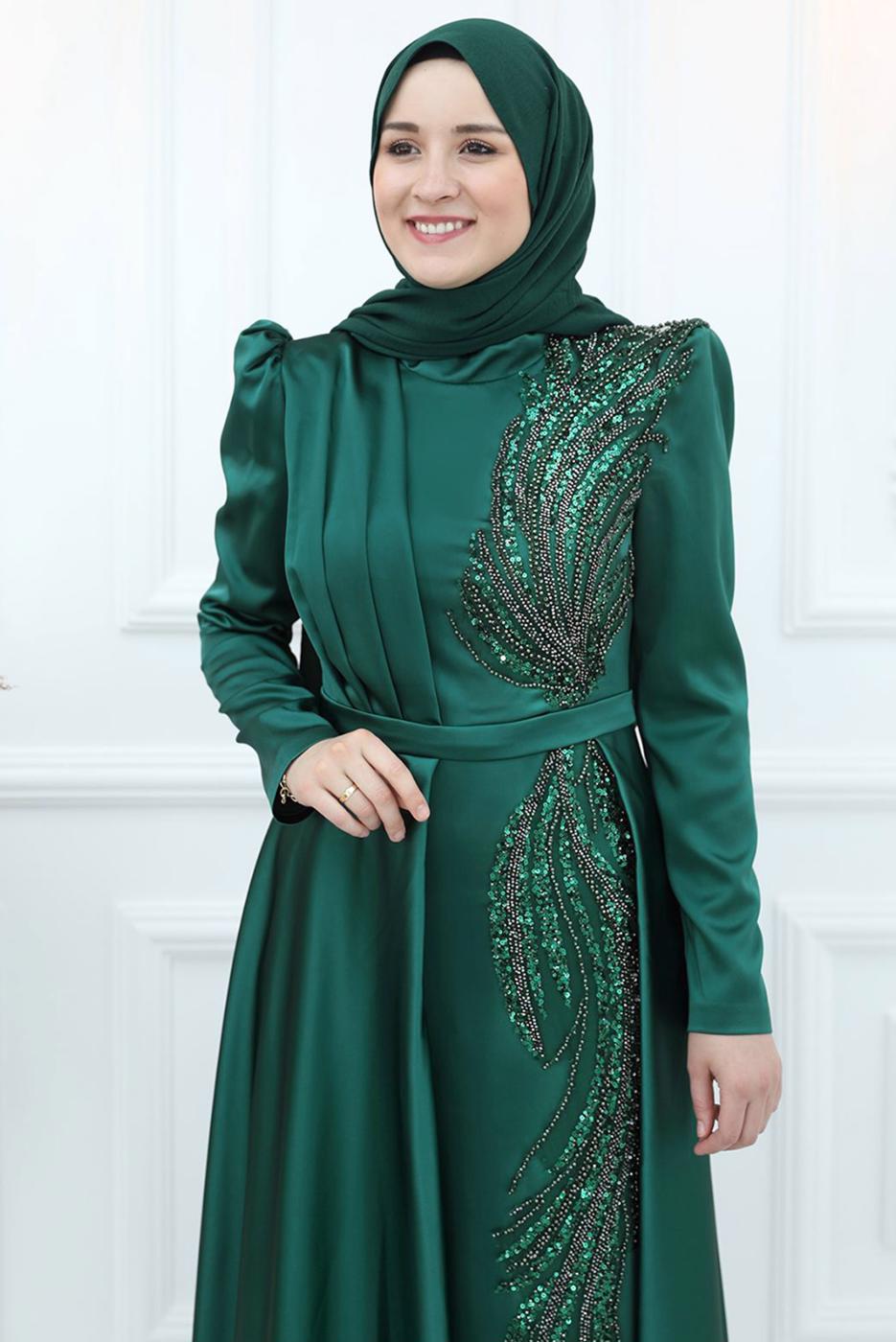 Tesettür giyim YEŞİL PUL PAYET İŞLEMELİ ABİYE ELBİSE T 9453