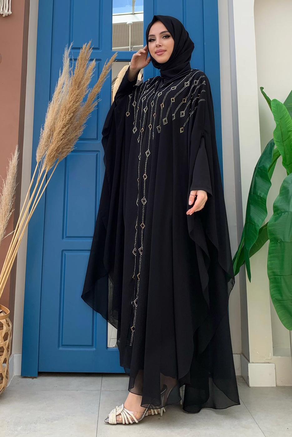 Vêtements hijab NOIR COSTUME ABAYA 2 PIÈCES À CAPUCHE BRODÉ GEMMES T 9773
