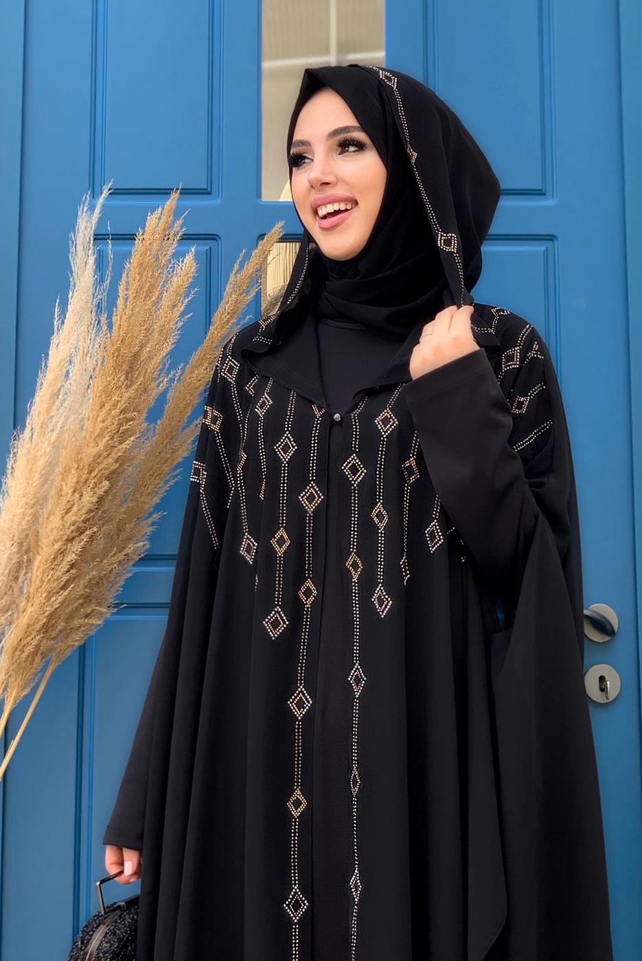 Vêtements hijab NOIR COSTUME ABAYA 2 PIÈCES À CAPUCHE BRODÉ GEMMES T 9773