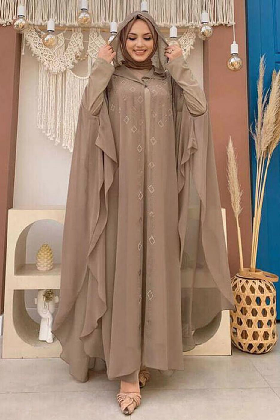 Tesettür giyim VİZON KAPÜŞONLU TAŞ İŞLEMELİ İKİLİ ABAYALI TAKIM T 9773