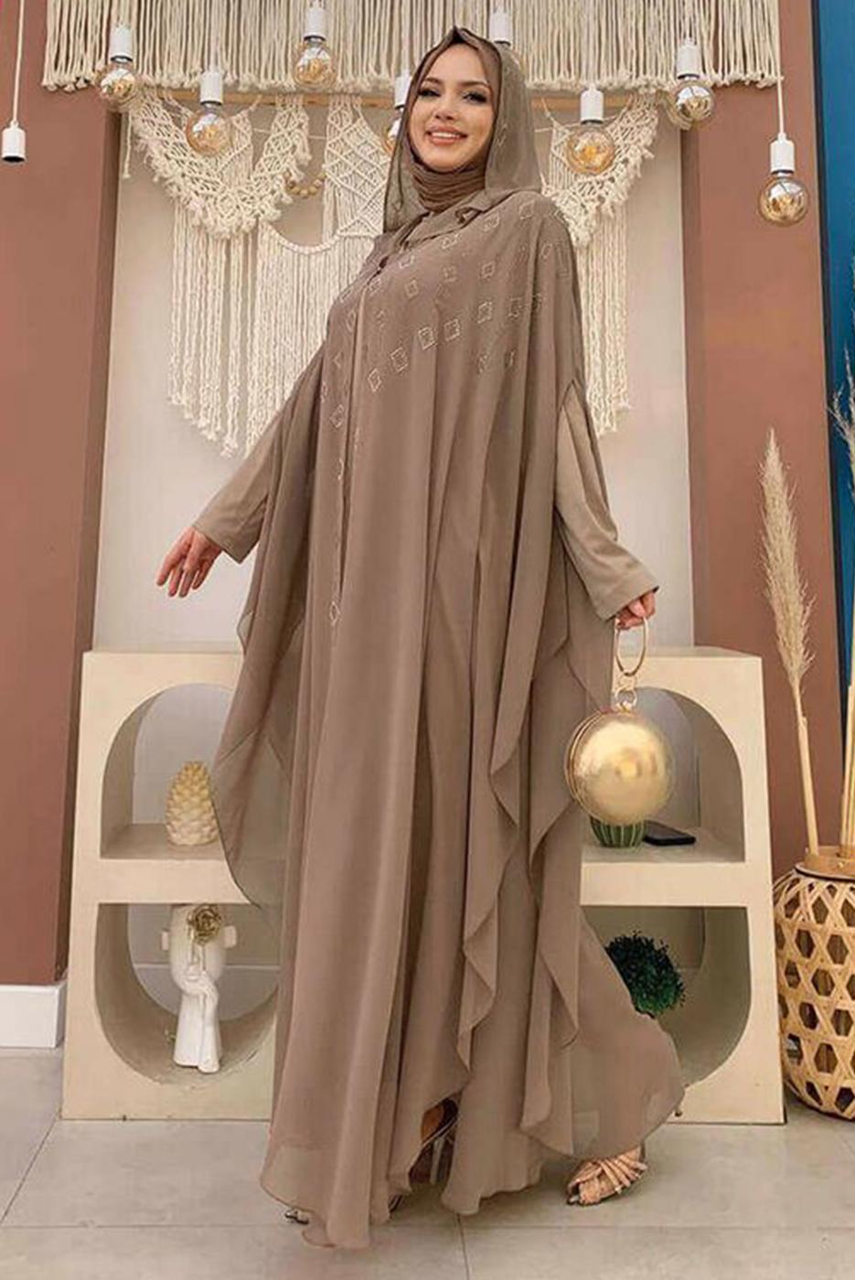 Tesettür giyim VİZON KAPÜŞONLU TAŞ İŞLEMELİ İKİLİ ABAYALI TAKIM T 9773