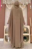 Tesettür giyim VİZON KAPÜŞONLU TAŞ İŞLEMELİ İKİLİ ABAYALI TAKIM T 9773