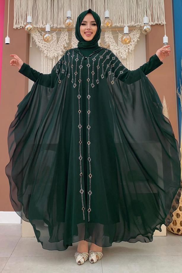 Tesettür giyim YEŞİL KAPÜŞONLU TAŞ İŞLEMELİ İKİLİ ABAYALI TAKIM T 9773 - TRENDTESETTÜR