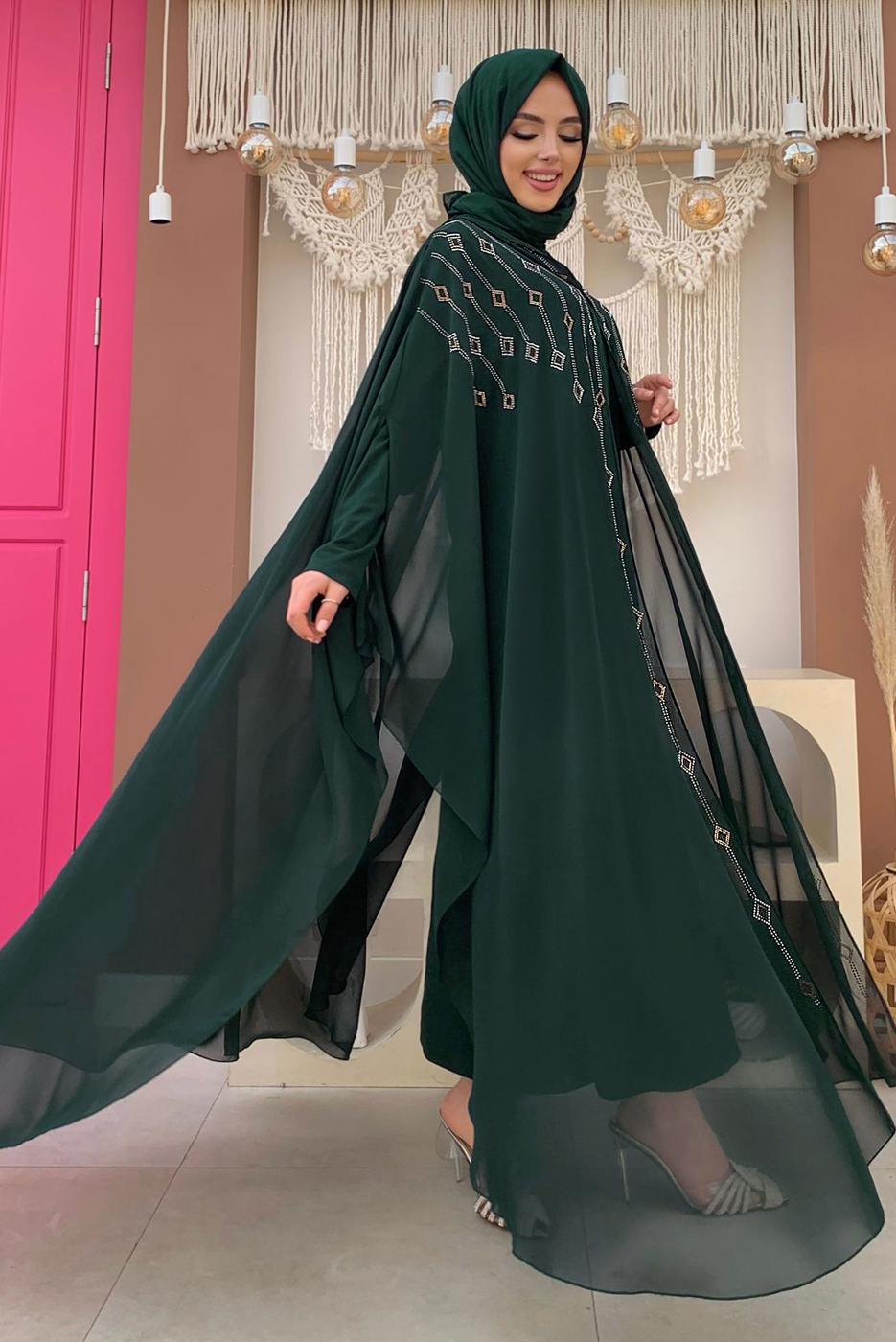 Vêtements hijab VERT COSTUME ABAYA 2 PIÈCES À CAPUCHE BRODÉ GEMMES T 9773