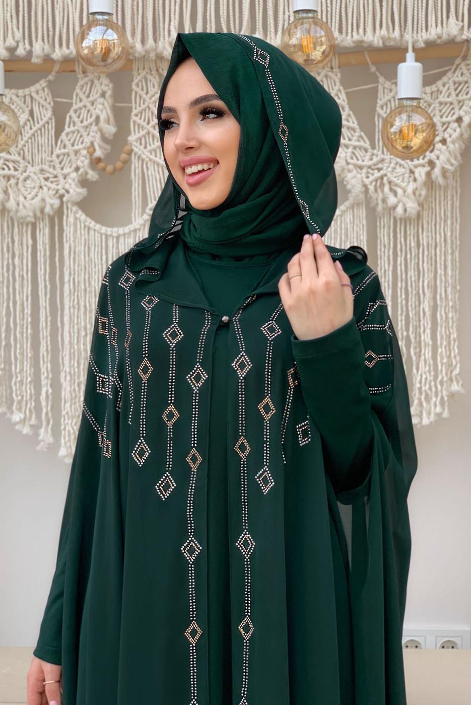 Vêtements hijab VERT COSTUME ABAYA 2 PIÈCES À CAPUCHE BRODÉ GEMMES T 9773