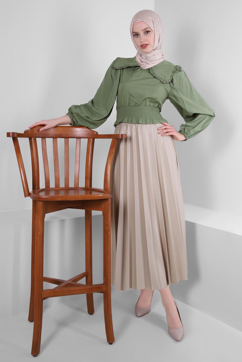 Tesettür giyim YEŞİL YAKA DETAYLI BELİ LASTİKLİ BLUZ T 6509