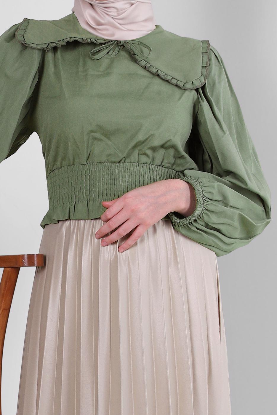 Tesettür giyim YEŞİL YAKA DETAYLI BELİ LASTİKLİ BLUZ T 6509