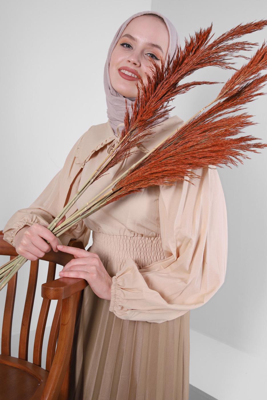 Tesettür giyim BEJ YAKA DETAYLI BELİ LASTİKLİ BLUZ T 6509