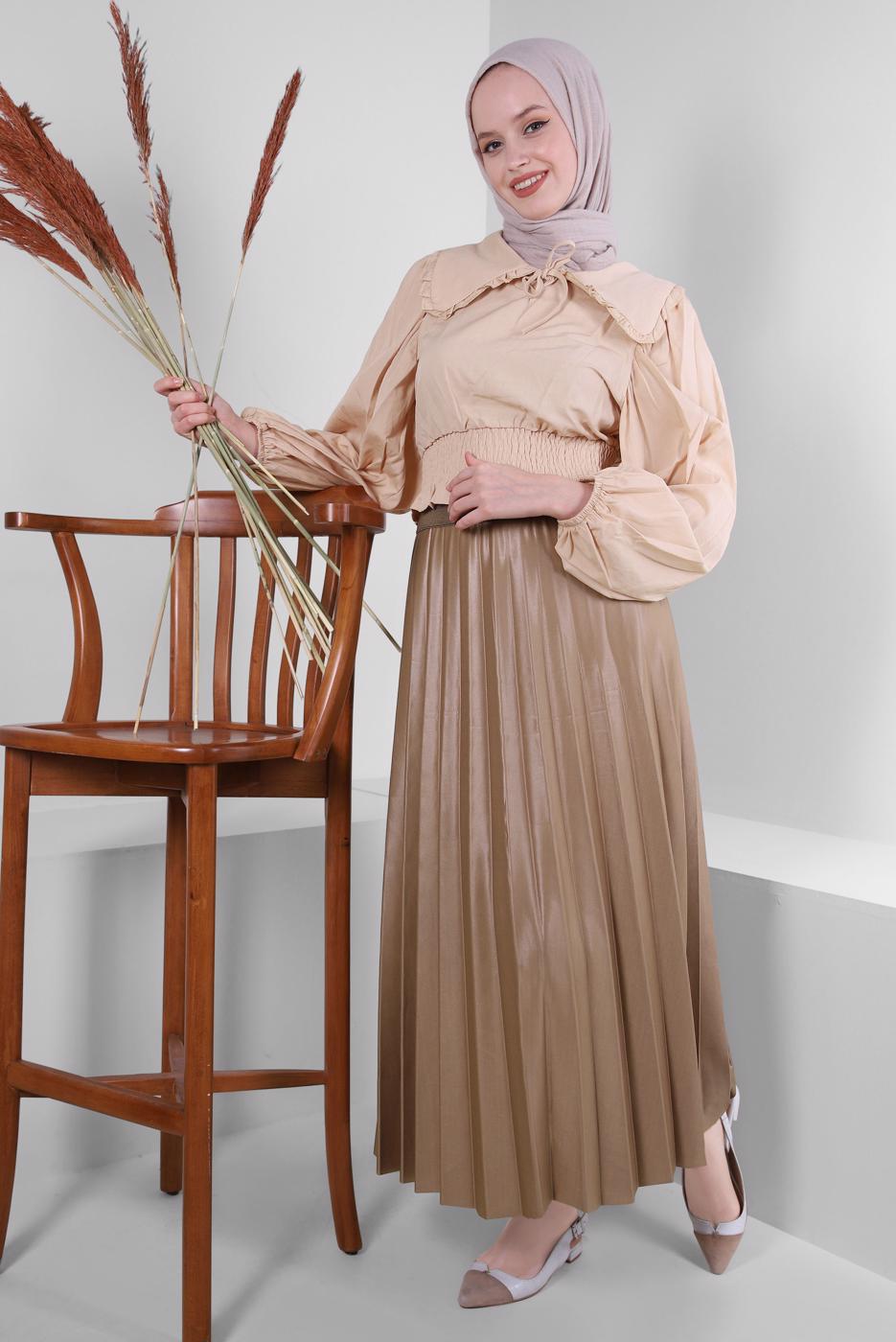 Tesettür giyim BEJ YAKA DETAYLI BELİ LASTİKLİ BLUZ T 6509
