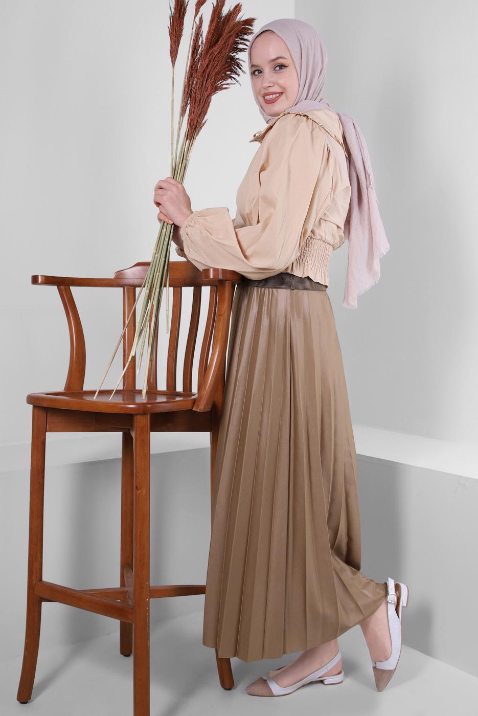 Tesettür giyim BEJ YAKA DETAYLI BELİ LASTİKLİ BLUZ T 6509