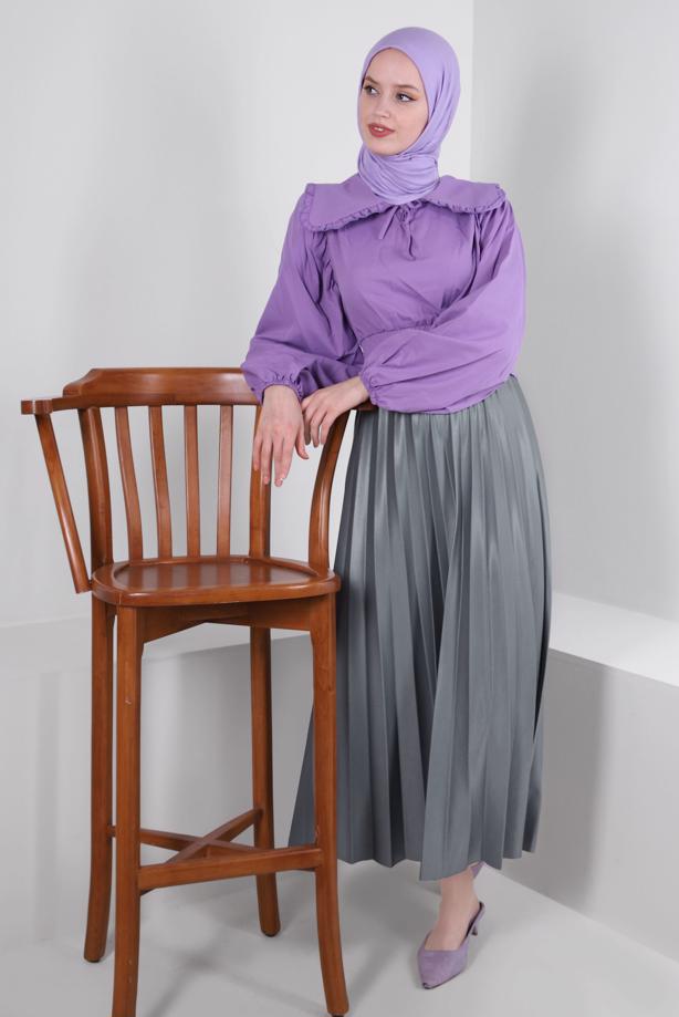 Hijab-Kleidung  YAKA DETAYLI BELİ LASTİKLİ BLUZ T 6509 - TRENDTESETTÜR