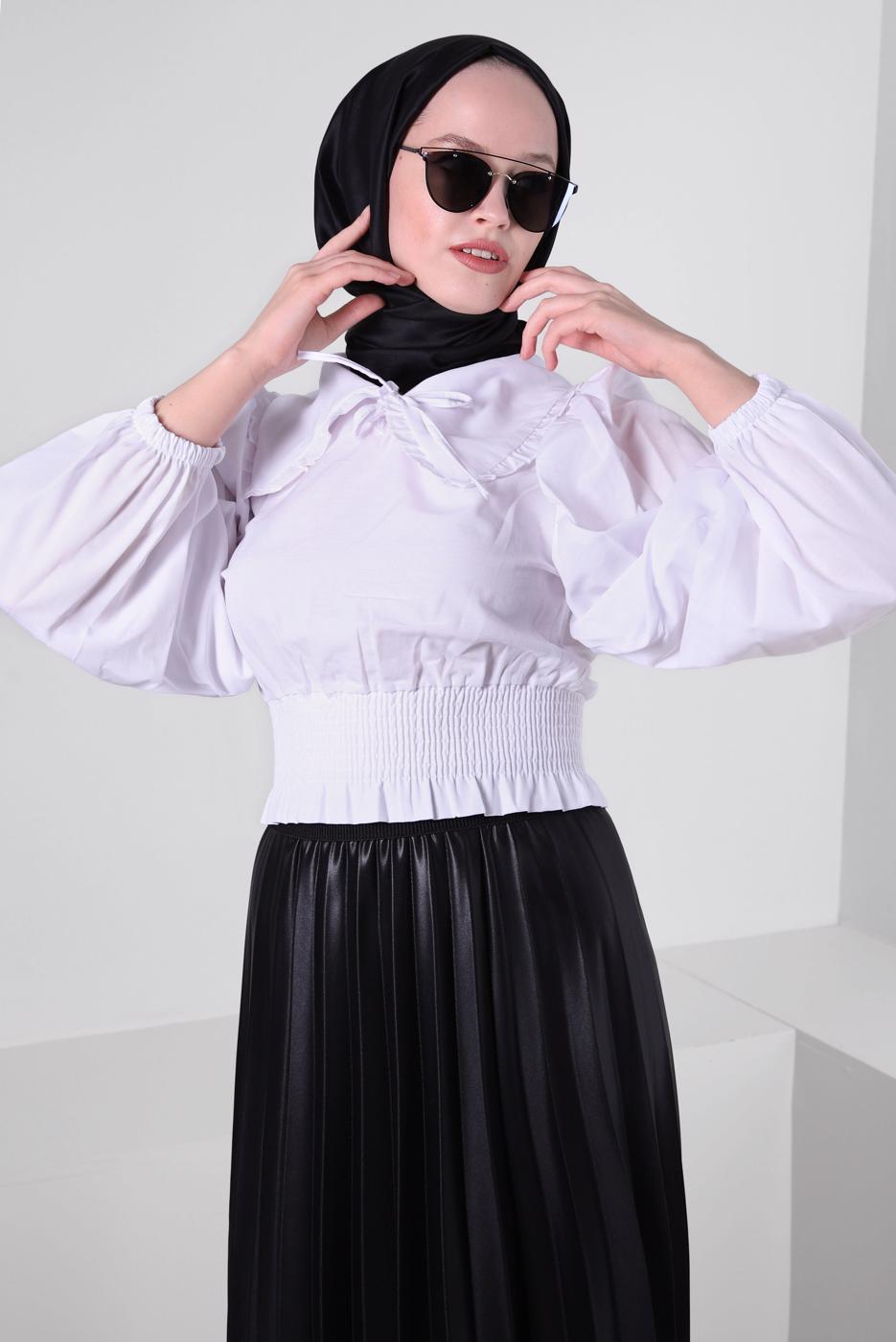 Tesettür giyim EKRU YAKA DETAYLI BELİ LASTİKLİ BLUZ T 6509