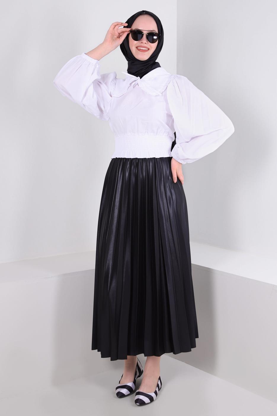 Tesettür giyim EKRU YAKA DETAYLI BELİ LASTİKLİ BLUZ T 6509