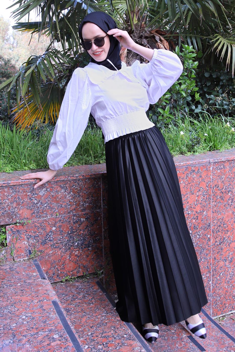 Tesettür giyim EKRU YAKA DETAYLI BELİ LASTİKLİ BLUZ T 6509