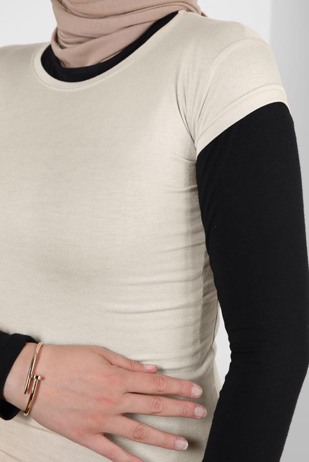 Hijab clothing BEIGE SHORT SLEEVED CREW-NECK BODY T 1003 - TRENDTESETTÜR