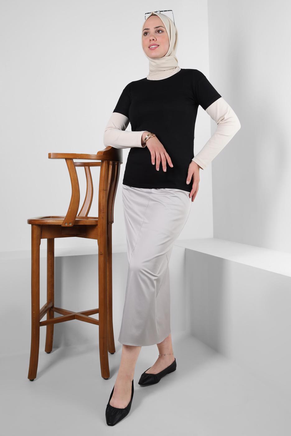 Tesettür giyim SİYAH BİSİKLET YAKA KISA KOLLU BODY T 1003-1