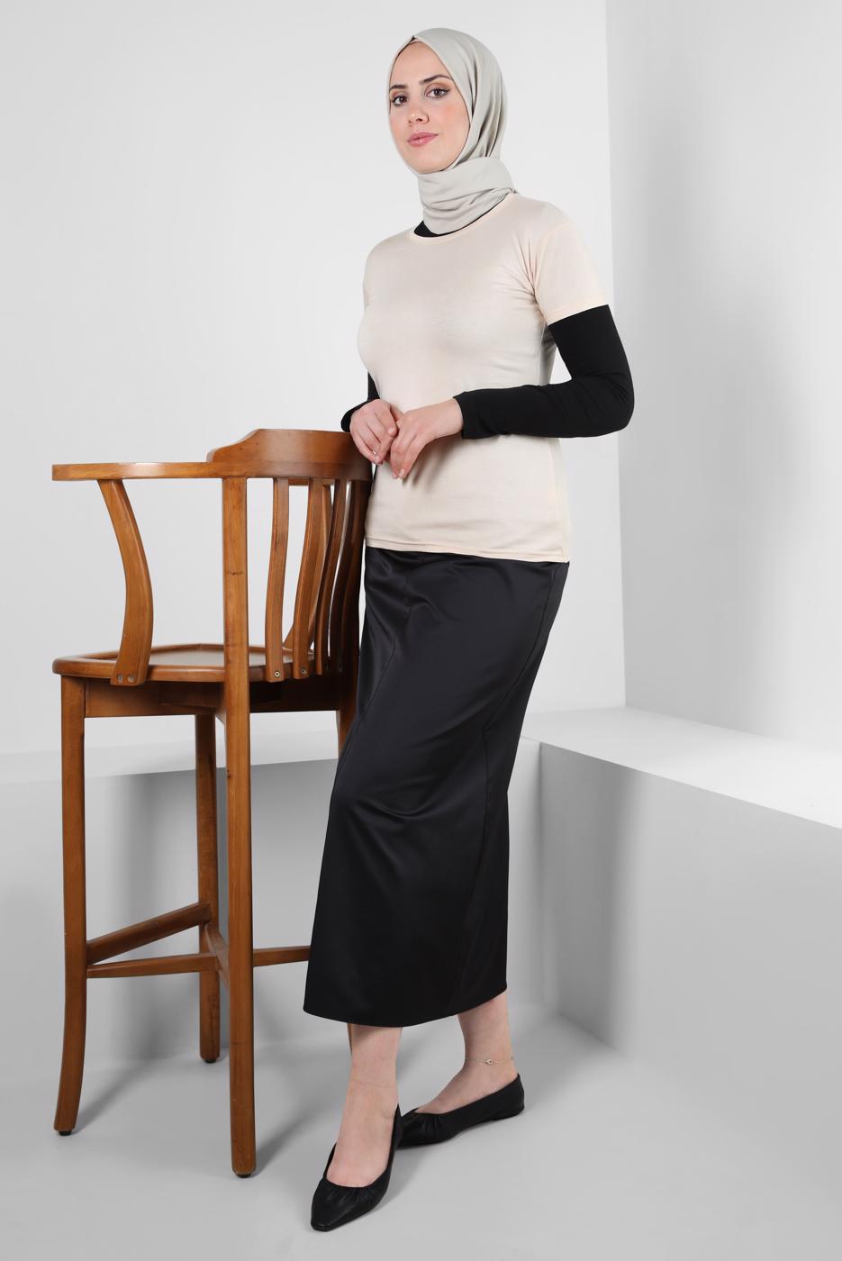 Tesettür giyim BEJ BİSİKLET YAKA KISA KOLLU BODY T 1003-1