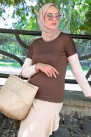 Tesettür giyim KAHVE BİSİKLET YAKA KISA KOLLU BODY T 1003-1