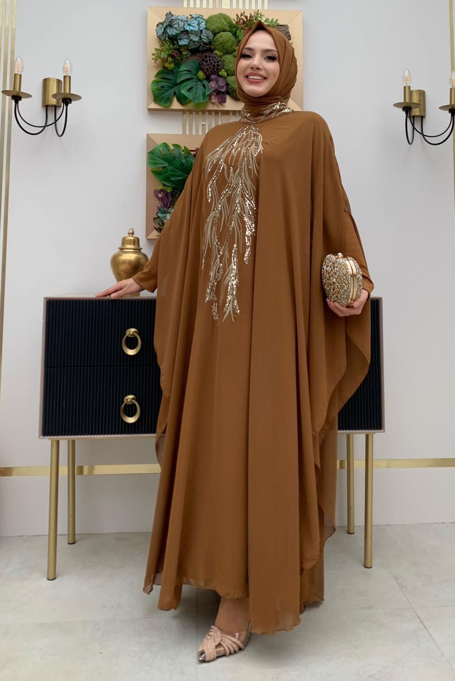 Tesettür giyim TABA ABAYALI ELBİSELİ TAKIM T 4773