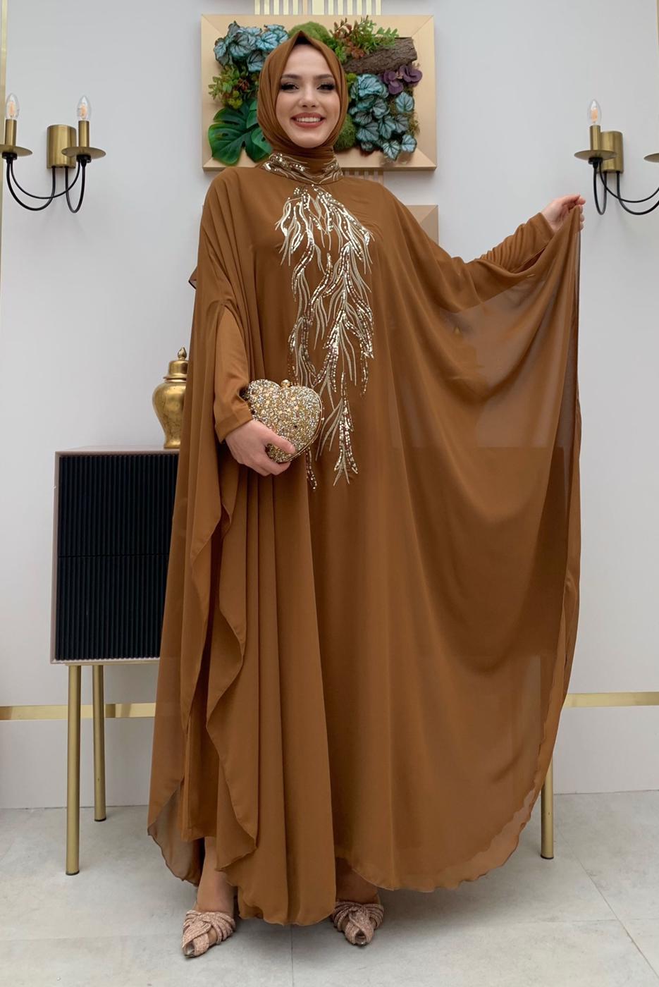 Tesettür giyim TABA ABAYALI ELBİSELİ TAKIM T 4773