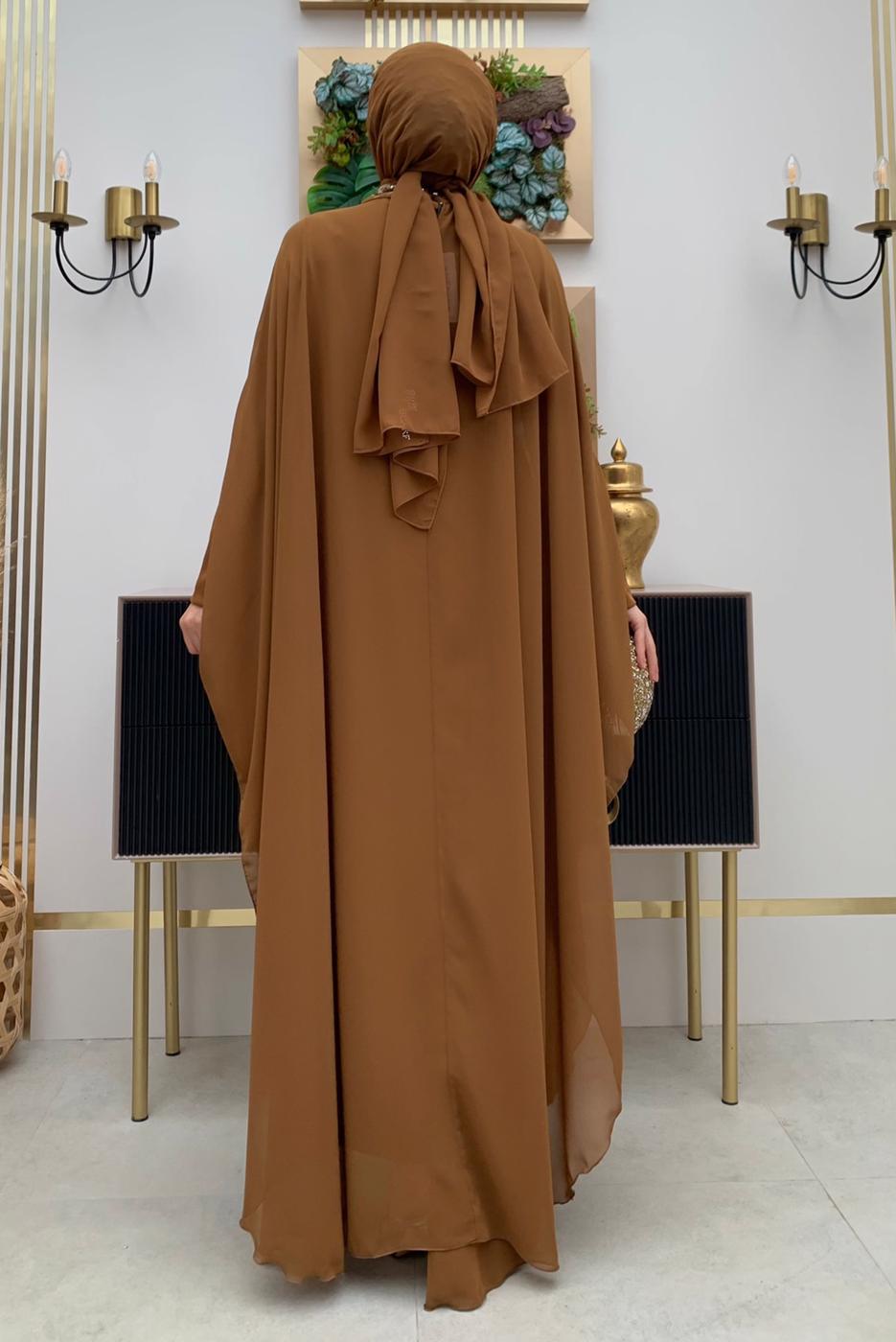 Tesettür giyim TABA ABAYALI ELBİSELİ TAKIM T 4773