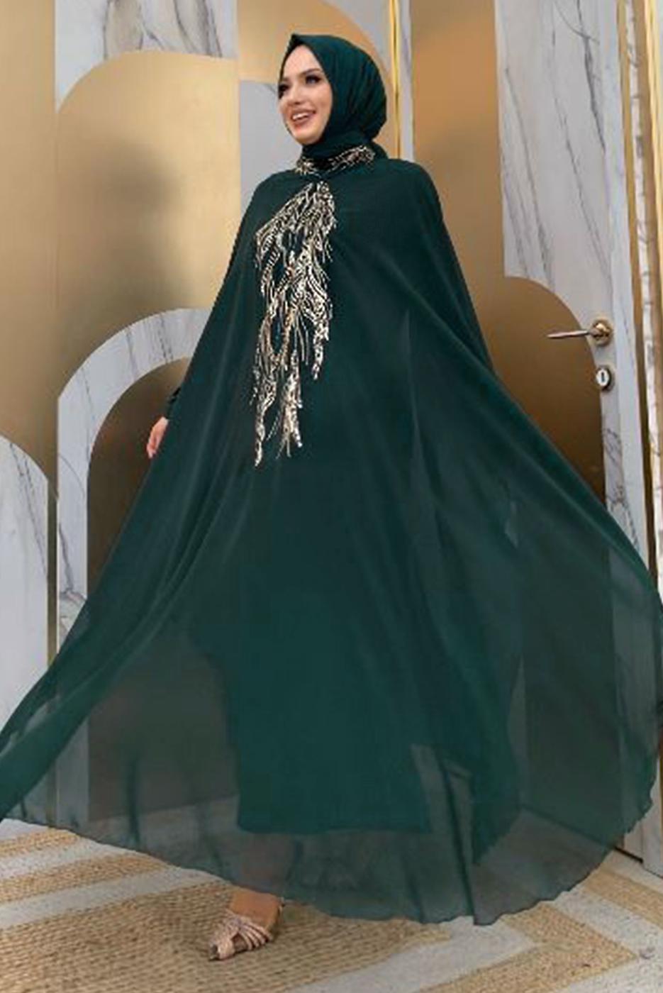 Tesettür giyim YEŞİL ABAYALI ELBİSELİ TAKIM T 4773