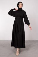 Tesettür giyim SİYAH KEMERLİ MANŞETLERİ LASTİKLİ ELBİSE T 8585	