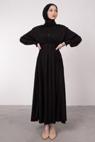 Tesettür giyim SİYAH KEMERLİ MANŞETLERİ LASTİKLİ ELBİSE T 8585	