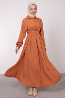 Tesettür giyim TURUNCU KEMERLİ MANŞETLERİ LASTİKLİ ELBİSE T 8585	