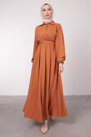 Tesettür giyim TURUNCU KEMERLİ MANŞETLERİ LASTİKLİ ELBİSE T 8585	