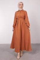 Tesettür giyim TURUNCU KEMERLİ MANŞETLERİ LASTİKLİ ELBİSE T 8585	