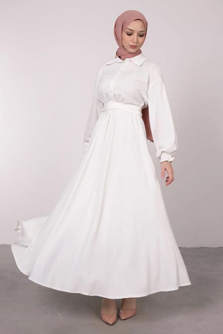Tesettür giyim EKRU KEMERLİ MANŞETLERİ LASTİKLİ ELBİSE T 8585	