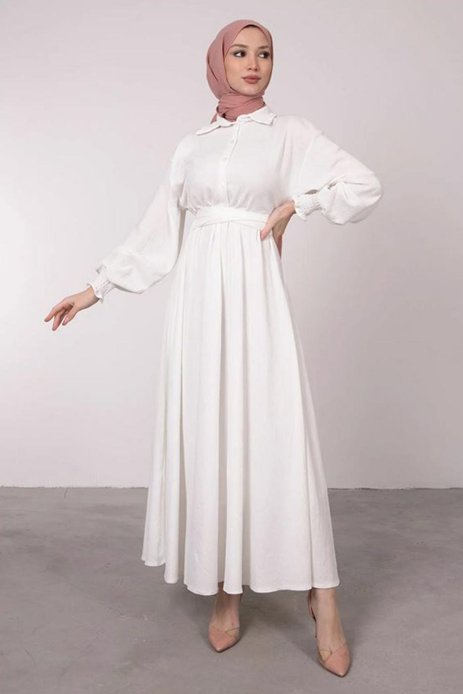 Tesettür giyim EKRU KEMERLİ MANŞETLERİ LASTİKLİ ELBİSE T 8585	