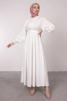 Tesettür giyim EKRU KEMERLİ MANŞETLERİ LASTİKLİ ELBİSE T 8585	