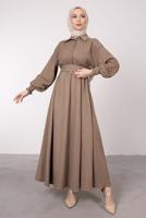 Tesettür giyim VİZON KEMERLİ MANŞETLERİ LASTİKLİ ELBİSE T 8585	