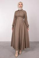 Tesettür giyim VİZON KEMERLİ MANŞETLERİ LASTİKLİ ELBİSE T 8585	