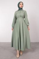 Tesettür giyim YEŞİL KEMERLİ MANŞETLERİ LASTİKLİ ELBİSE T 8585	