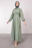 Tesettür giyim YEŞİL KEMERLİ MANŞETLERİ LASTİKLİ ELBİSE T 8585	