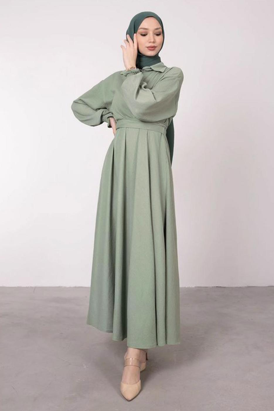 Tesettür giyim YEŞİL KEMERLİ MANŞETLERİ LASTİKLİ ELBİSE T 8585	