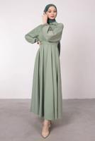 Tesettür giyim YEŞİL KEMERLİ MANŞETLERİ LASTİKLİ ELBİSE T 8585	