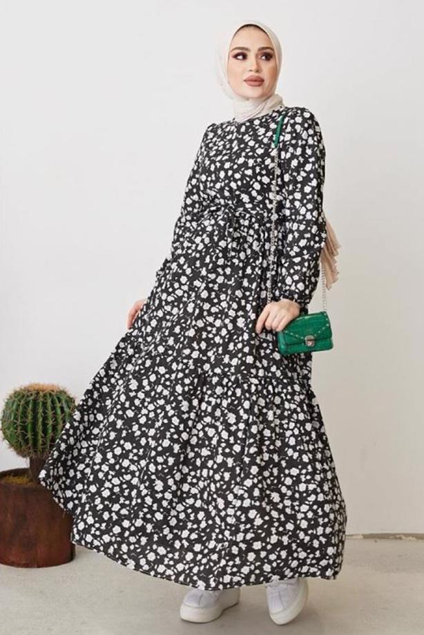Vêtements hijab  FLOWER PATTERNED DRESS WITH BELT T 004 - TRENDTESETTÜR