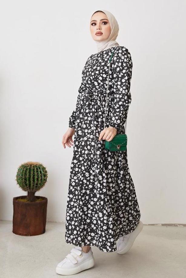 Vêtements hijab  FLOWER PATTERNED DRESS WITH BELT T 004 - TRENDTESETTÜR