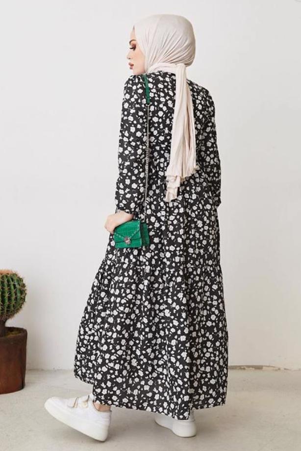 Vêtements hijab  FLOWER PATTERNED DRESS WITH BELT T 004 - TRENDTESETTÜR