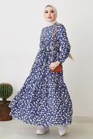Tesettür giyim MAVİ ÇİÇEK DESENLİ KUŞAKLI ELBİSE T 004