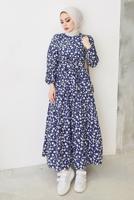 Tesettür giyim MAVİ ÇİÇEK DESENLİ KUŞAKLI ELBİSE T 004