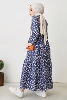 Tesettür giyim MAVİ ÇİÇEK DESENLİ KUŞAKLI ELBİSE T 004