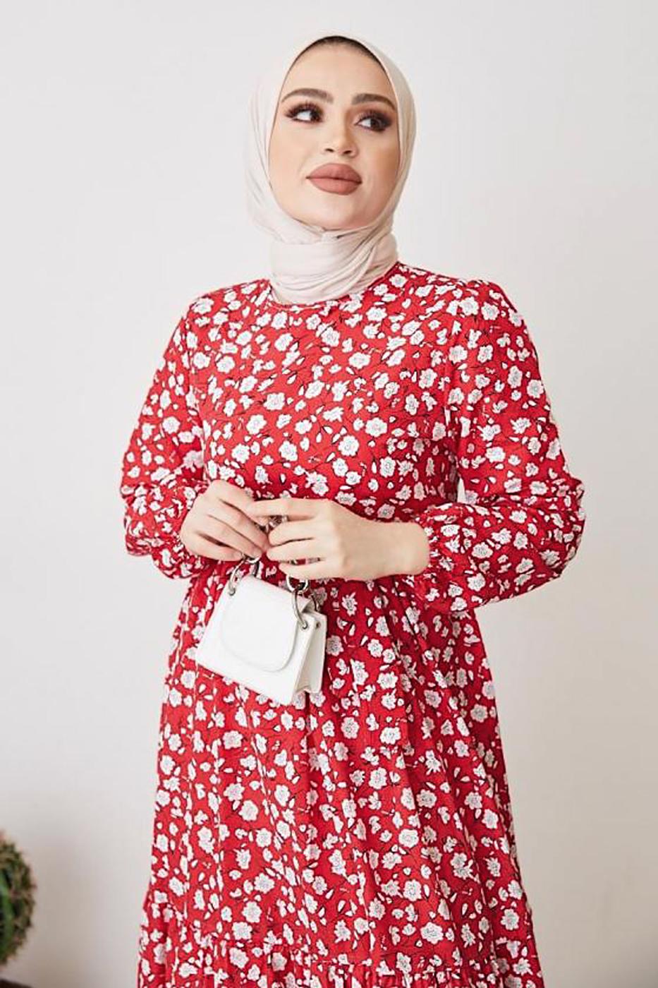 Tesettür giyim KIRMIZI ÇİÇEK DESENLİ KUŞAKLI ELBİSE T 004